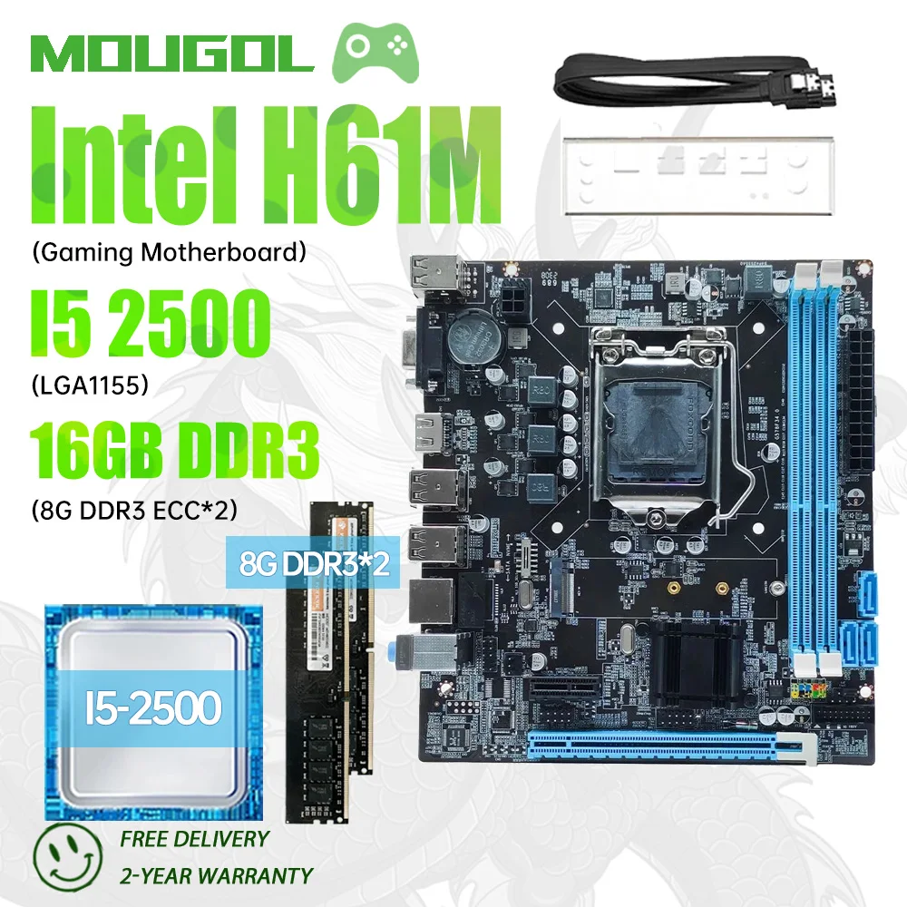 MOUGOL New H61M LGA1155 gaming motherboard with Intel Core i5-2500 CPU dual-channel DDR3 memory kit M.2 NVME PCIEx16 Desktop PC