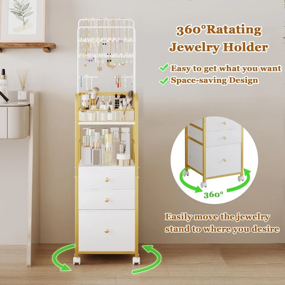 3-Drawer Makeup Organizer Cart with Jewelry Storage, Large Vanity Organizer for Cosmetics Skin Care Perfume Brushes Gold