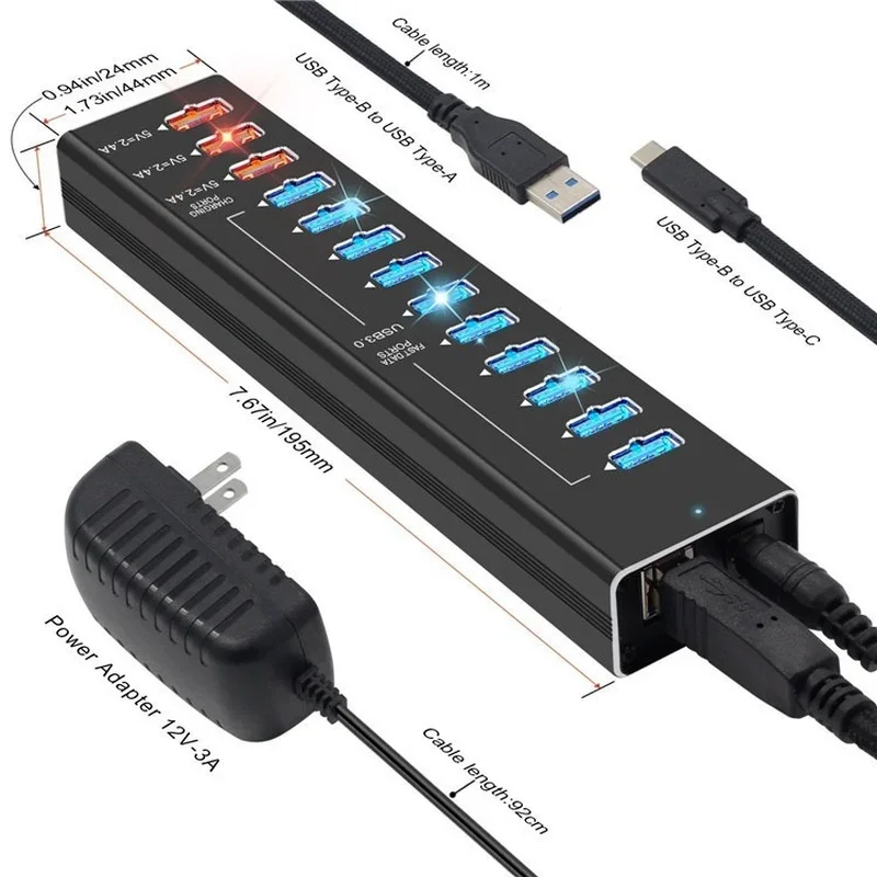 13 PORT USB Hub Multi Port 10 USB 3.0 Charging Ports + Power Adapter USB Cable Smart Charging Ports