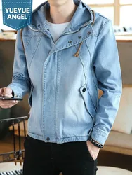 Spring Autumn Japanese Retro Mens Hooded Denim Jacket New Slim Fit Zipper Casual Outerwear Male Long Sleeve Streetwear Coats