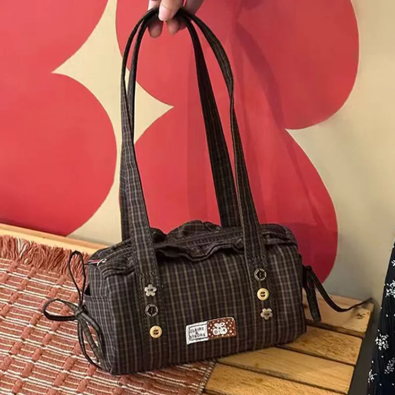 Vintage Plaid Boston Shoulder Bag Grid Pattern Casual Underarm Pillowbag Drawstring Side Pocket Daily Lace Design Canvas Handbag