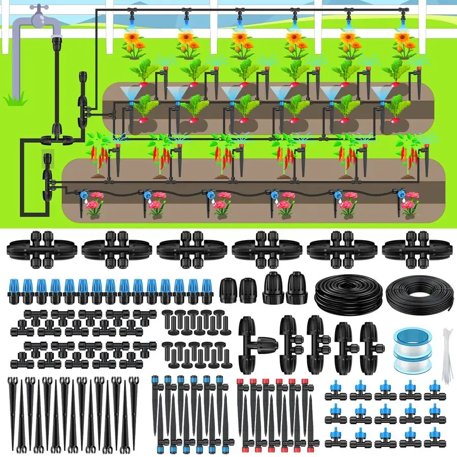

250 ft Drip Irrigation System, QuickConnect Drip Irrigation Kit with 50ft 1 2 amp 200ft 1 4 Tubing and Accessories, Garden Water