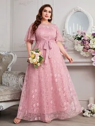 Plus Size abito da donna elegante estate nuova moda elegante a vita alta cravatta in pizzo abito lungo temperamento abiti da sera in tinta unita