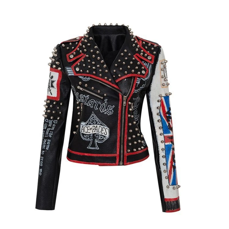 Giacca in pelle con stampa rivetto Casual Goth New Racing Suit Short Slim Womens Vintage Clothes nero autunno inverno donna giacche cappotti