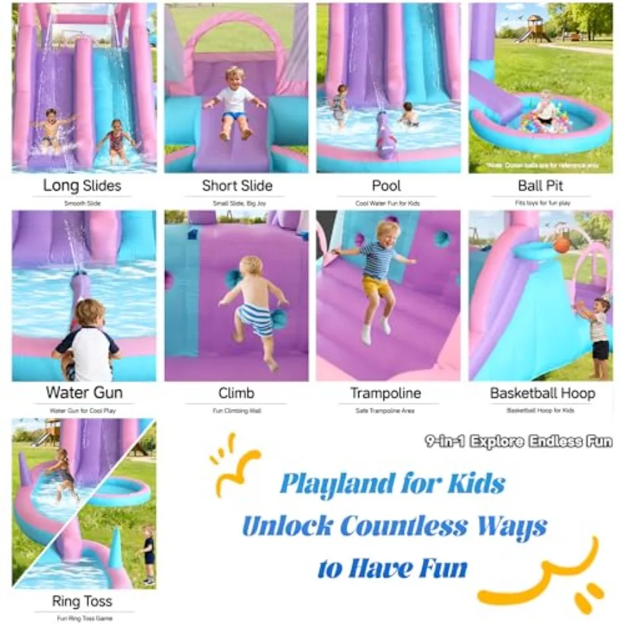 Backyard water park for kids ages 3-8: inflatable bounce house with 3 slides, splash pool, water cannon, ball pit, basketball h view 2