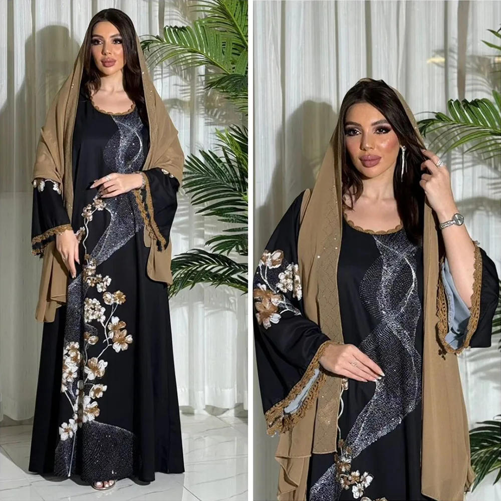 

Dubai Turkey Kaftan Women Muslim Floral Print Long Dress Eid Djellaba Marocain Caftan Islamic Jalabiya Ramadan Abaya Arabic Robe