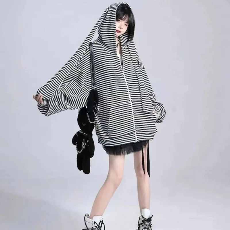 Y2k Harajuku 2023 Autumn New Cardigan Sweater Cute Loose Stripe Rabbit Ear Knitted Hoodie Aesthetic Hooded Knitwear Top Girl Yk2