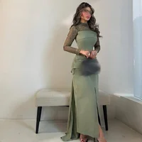 Vestidos de Noche de cuello alto personalizados, vestido de fiesta de manga larga de encaje hasta el tobillo con abertura frontal, vestido de fiesta recto plisado moderno