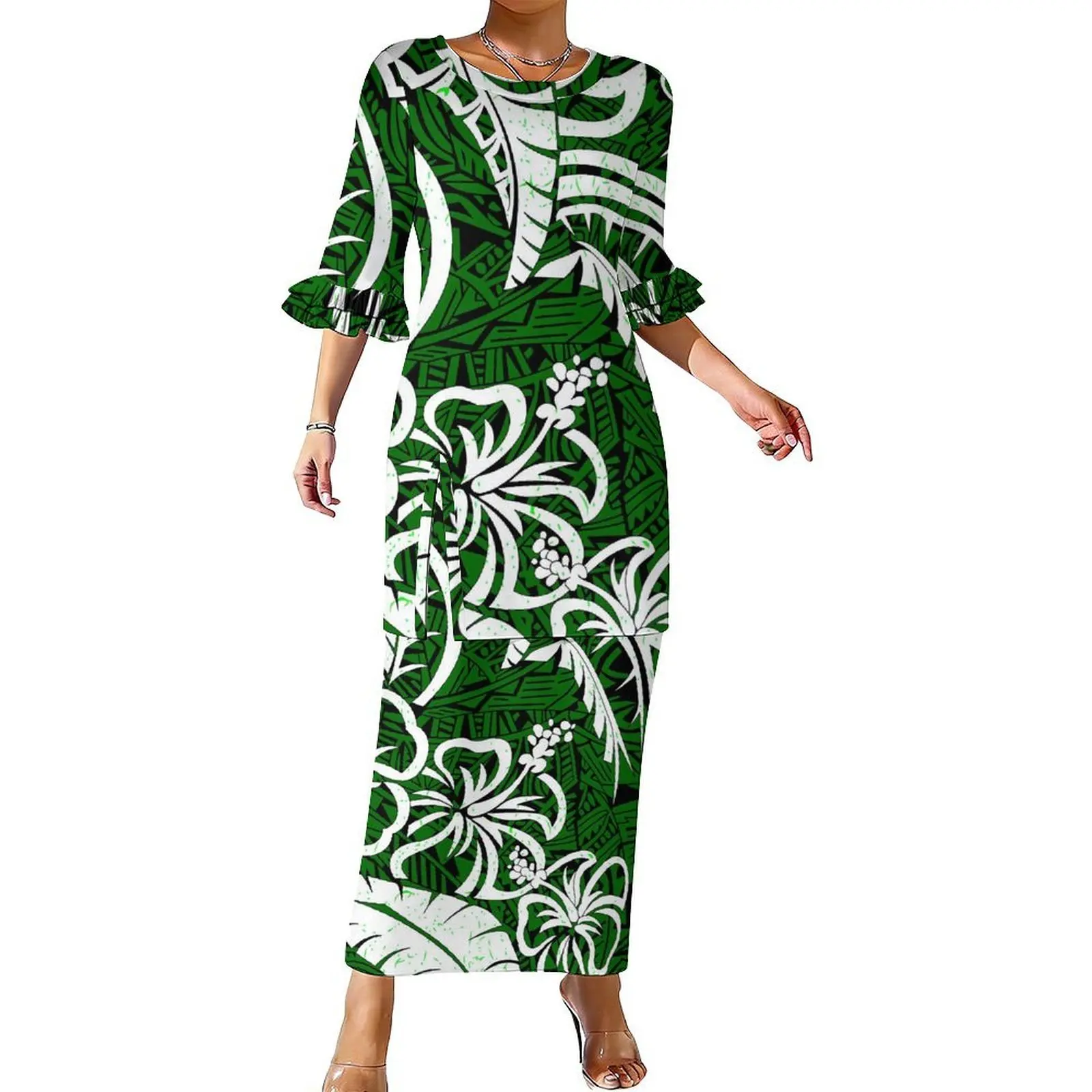 Polynesian Custom-Made Suit Skirt Pattern Wholesale Floral Printed Women'S Suit Skirts Puletasi Double-Layer Ruffled Sleeves