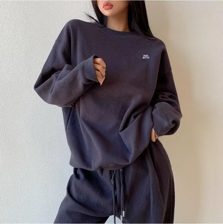 Pants 2 Piece Set Waffle Tracksuit Women Loose Sweatshirt Outfit Spring Embroidery Pullover Home Sweatpant Sports Two Piece Suit