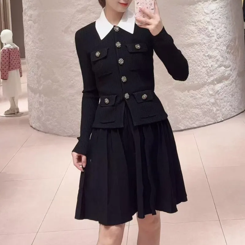 Commuter high-end women's lapel knitted temperament slim-fitting pleated dress