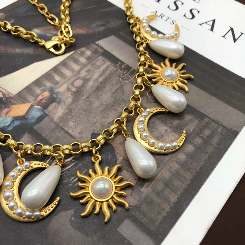 French Vintage Gold-colour Sun Moon Pendant Necklace, Earstuds, Earclips