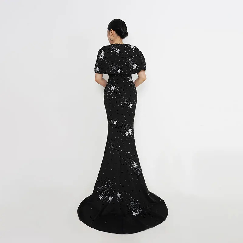 Baisha Women Sexy Evening Dress V Neck Handmade Beaded Celebrity Performance Costumes Black Party Prom Gown With Train H153-1