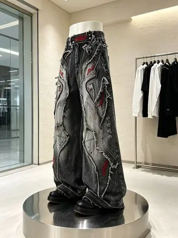 American High Street Punk Subculture Heavy Embroidery Jeans Women's Autumn Hip Hop Street Splicing Embroidery Floor-Length Pants