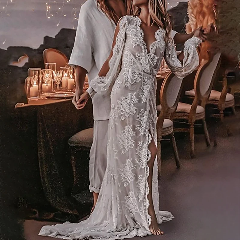 Bohemian Wedding Dresses Lace V-Neck 3D Printing  Side Slit Wedding Gown Bridal Dress Long Sleeves Open Back Customized