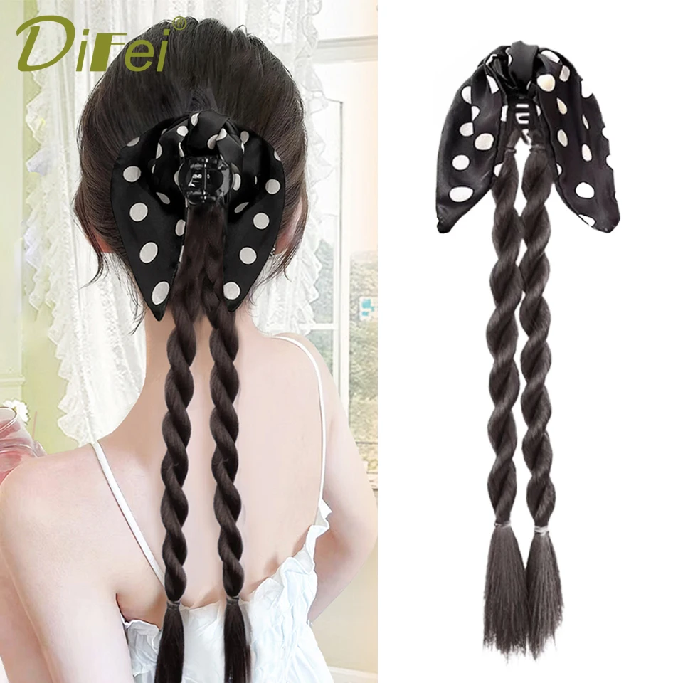 DIFEI Wave-point Bow Braid Ponytail Synthetic Wig Female Exquisite Elegant Wave-point Bow Grab Clip Ponytail Wig