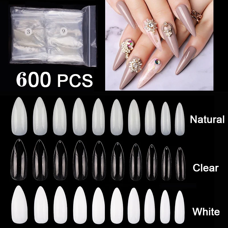 600Pcs Long Stiletto Oval False Nail Art Tips Transparent/Nature Full Cover Manicure Almond Artificial Fake Nails Tips Salon Too