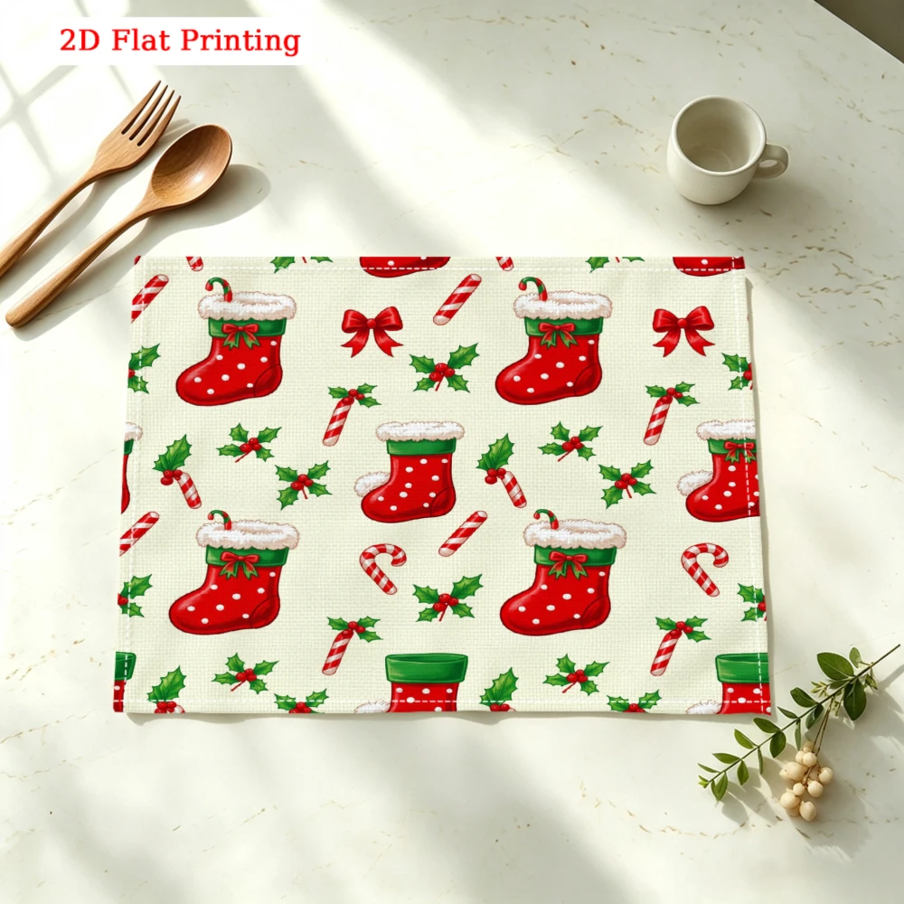 Christmas Stockings Candy Canes Holly Kitchen Placemat Coaster Linen Pad Dish Coffee Cup Table Mat 30x40cm Home Decor