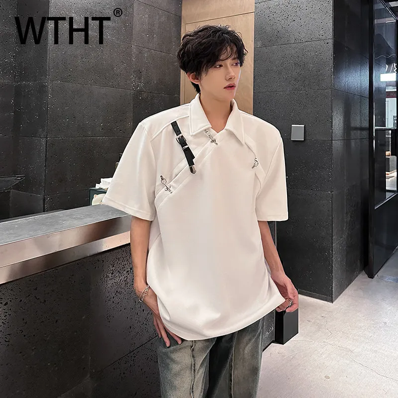 WTHT trendy men's metal button bandage design loose t-shirts fashion 2026 summer high street lapel casual tops male 2A2946
