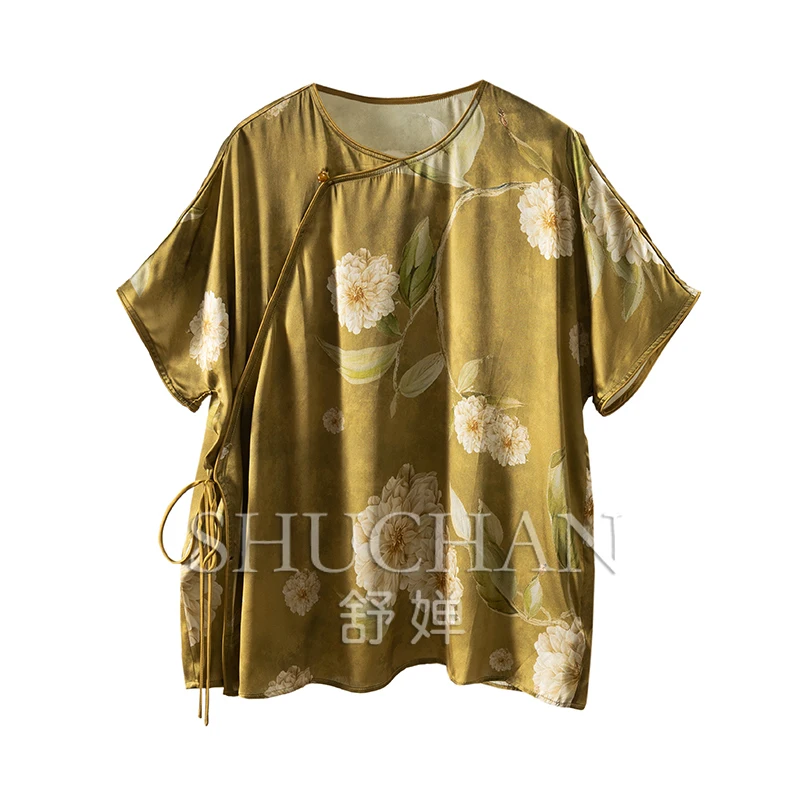 

New Chinese-style Short-sleeved 100% Natural Silk Shirt Women Blusas Femininas Elegantes Shirts for Women