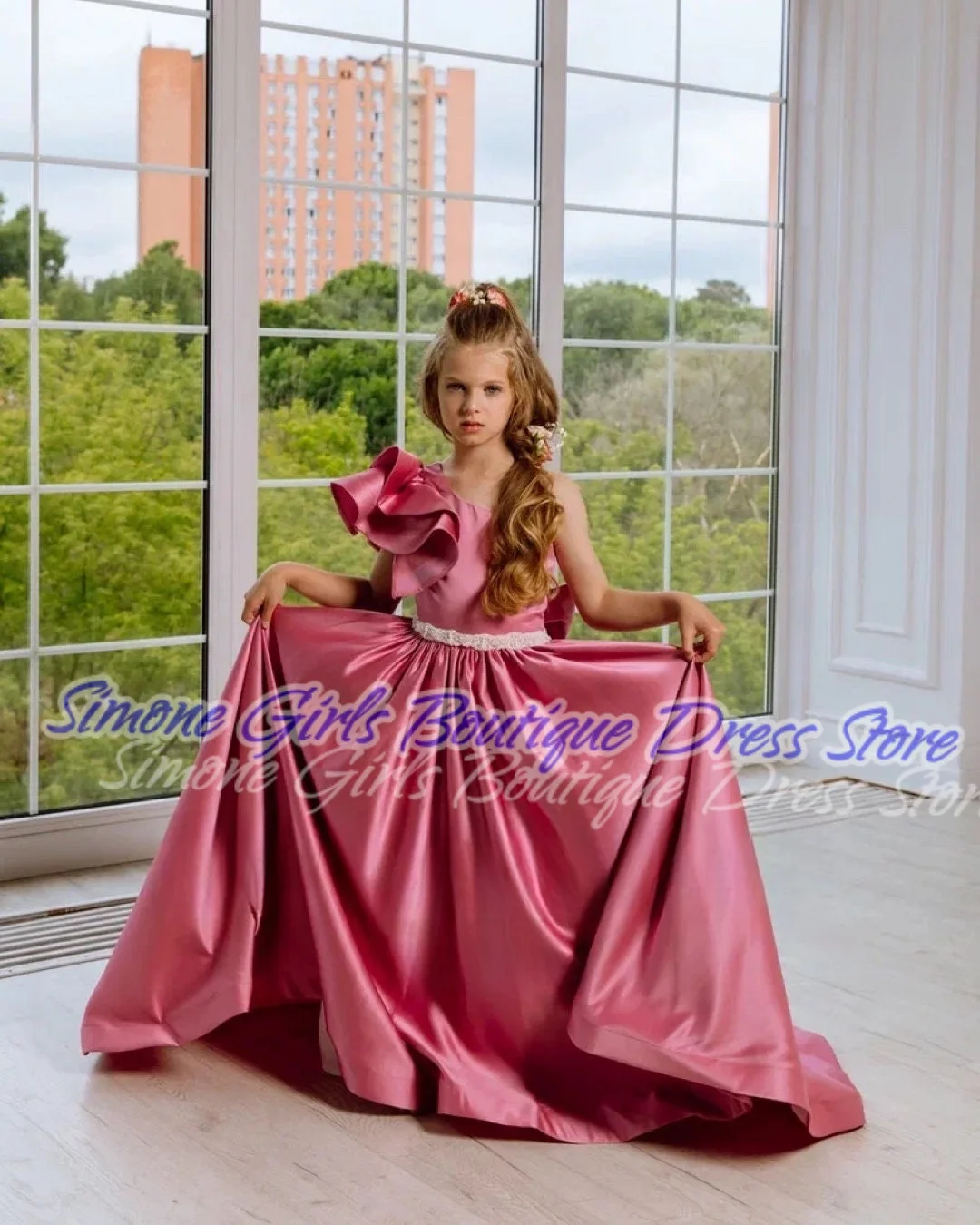 Off Shoulder Backless Asymmetrical Bow Satin Flower Girl Dress for Wedding Ceremonies Dance Performances Formal Receptions Party