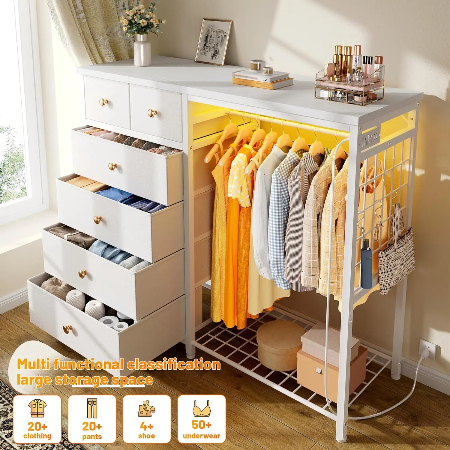 49.2" W White Dresser for Bedroom with Hanging Rack, 6 Drawers Dresser with LED Lights & Charging Station, Fabric Dressers image 2