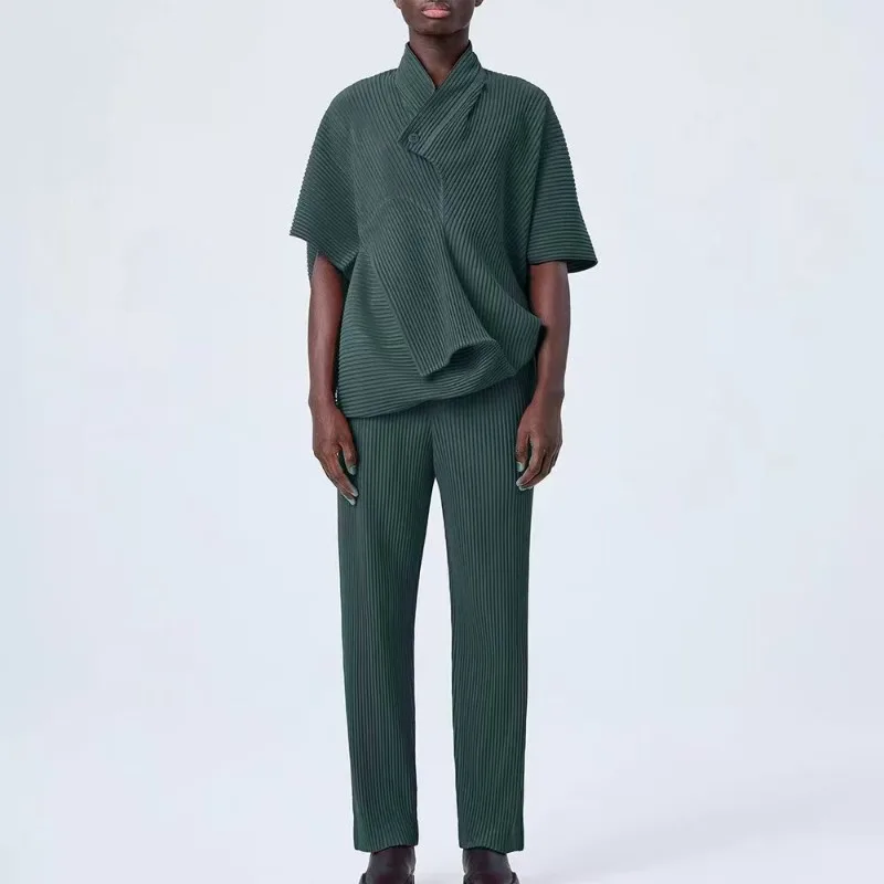 Miyake Pleated Men's Top 2026 Summer New Asymmetrical Irregular Fold T-Shirt Street Fashion Trend Cape Top with Adjustable Cuffs