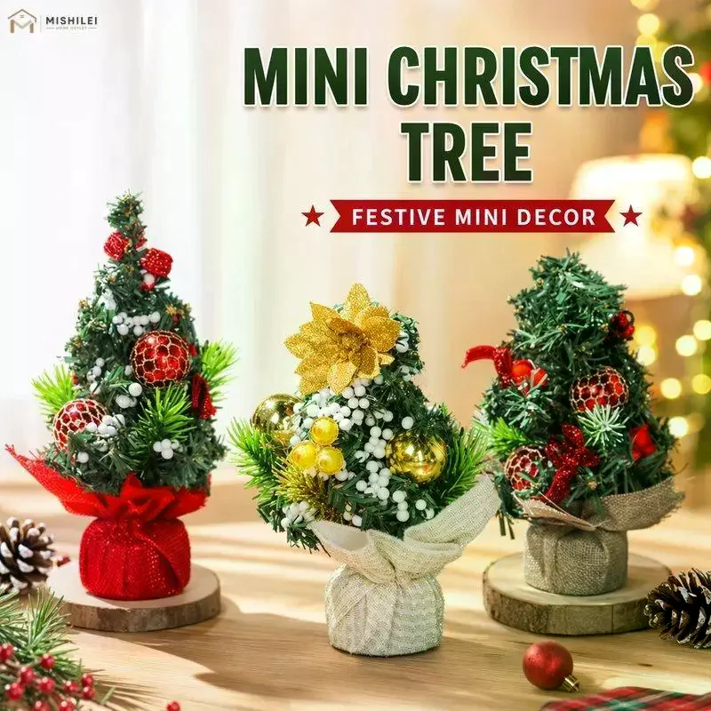 Mini Christmas Tree Tabletop Desktop Ornament Artificial Pine Ribbon Bow Decor