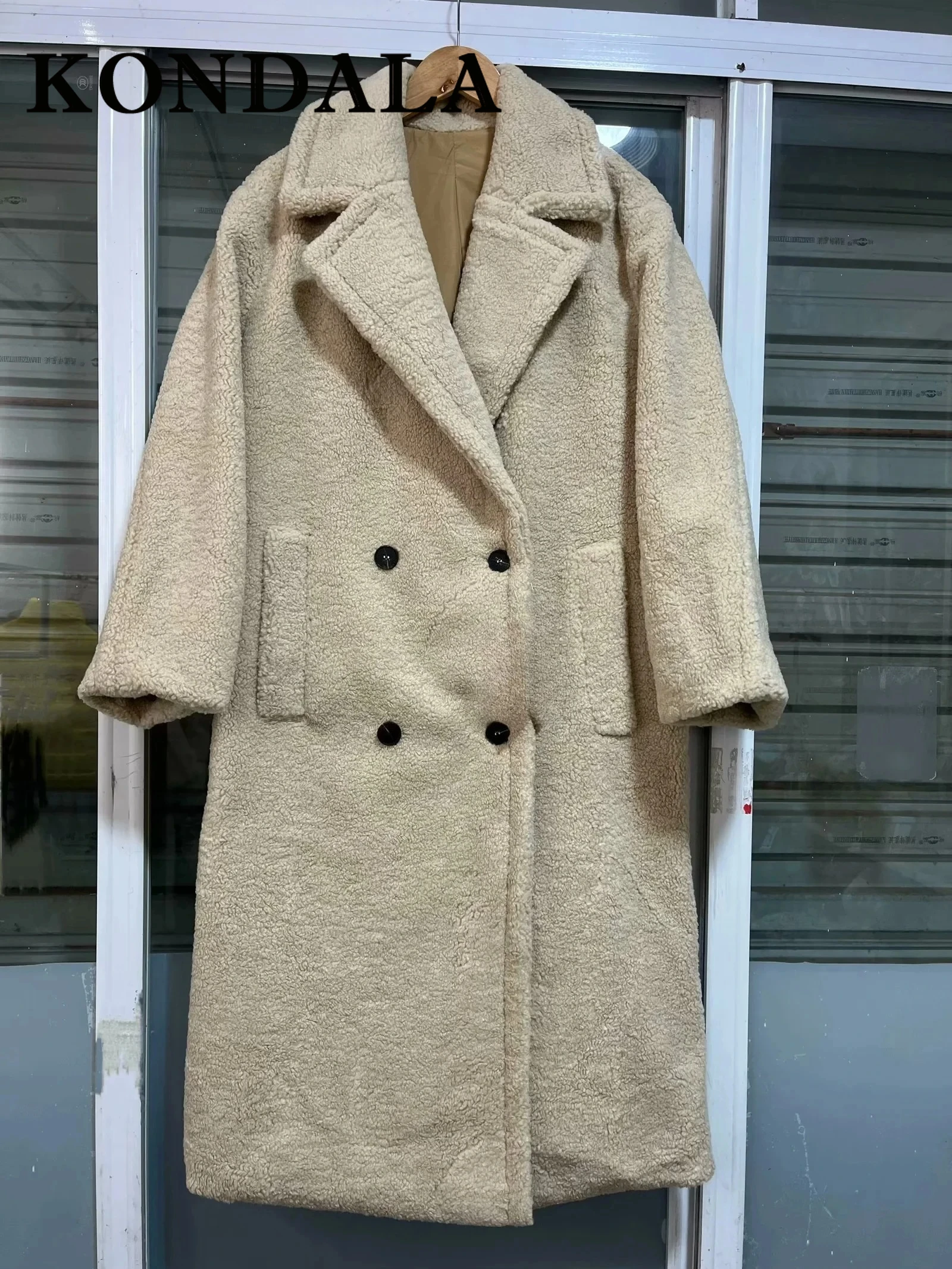 KONDALA 2025 Winter Women Casual Solid Coat Double Breasted Fleece Coat Loose Fit Long Coat Women Vintage Oversized Long  Jacket