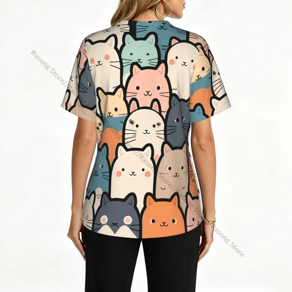 Women V Neck Scrub Top Cartoon Cat Pattern Short Sleeve Nurse Hospital Uniforms Spa Beauty Salon Working Clothes with Pocket