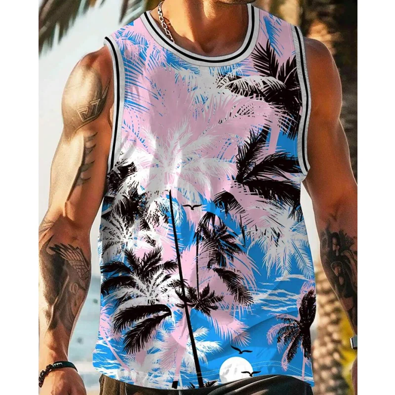 

Trendy Hawaiian Style Printing Sleeveless T-shirt Summer Daily Casual Breathable Men's Tank Top Seaside Party Men's Fashion Vest