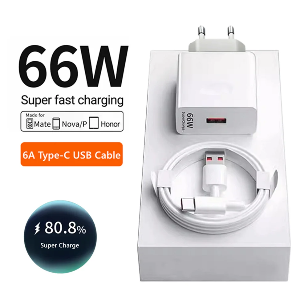 66W Super Fast EU Wall Charger For Huawei Mate 40 50 60 P50 Nova 8 9 10 Honor 90 100 X7 X8 X9 Magic 6A Type C Charging USB Cable