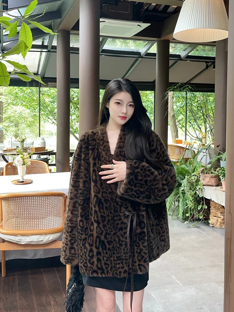 MiiiiX Casual Leopard Print Double-faced Faux Fur Jacket V-neck Thicken Loose Plush Wrap Coat Fashion Women's Winter Clothes