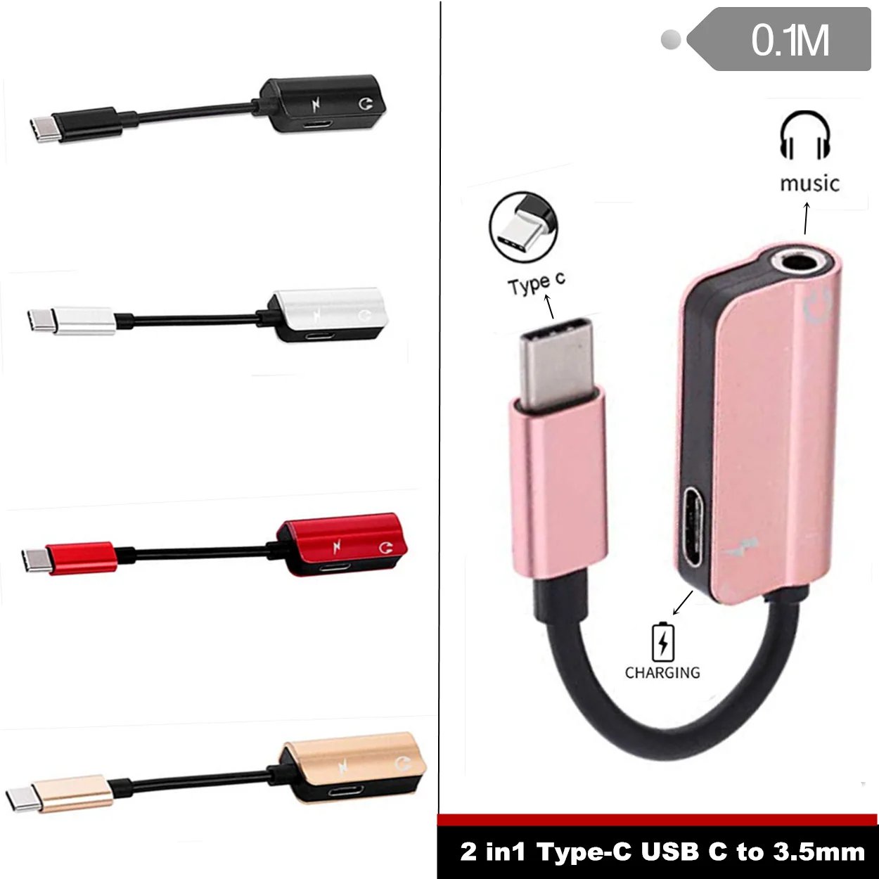 2 in1 Type C To 3.5mm Charger Headphone Audio Jack USB-C Charger Cable Adapter