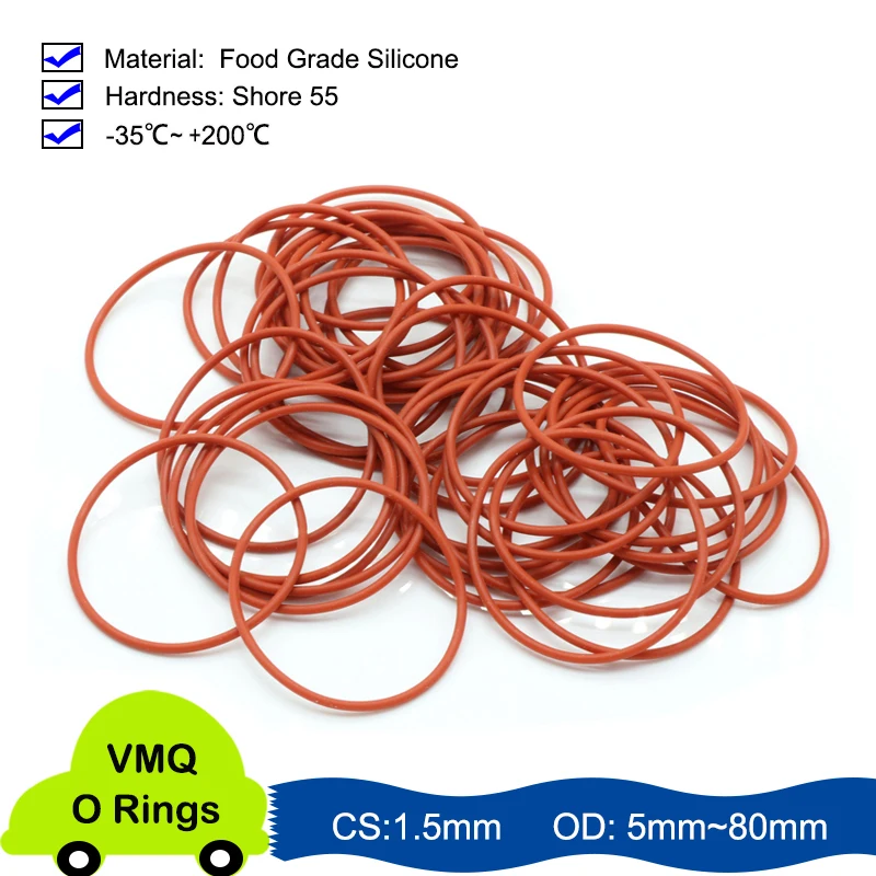 Red VMQ O-ring Thickness CS 1.5mm OD 5~80mm Silicone Sealing Temperature Resistant Gasket Rubber Ring Complete in Specifications