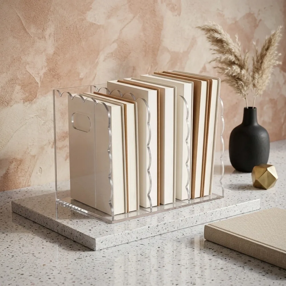 Scalloped Edge Clear Desk Organizer with Vertical Storage Design for Home Office Classroom 3 Section File Holder 8.46x7.28x6.5in
