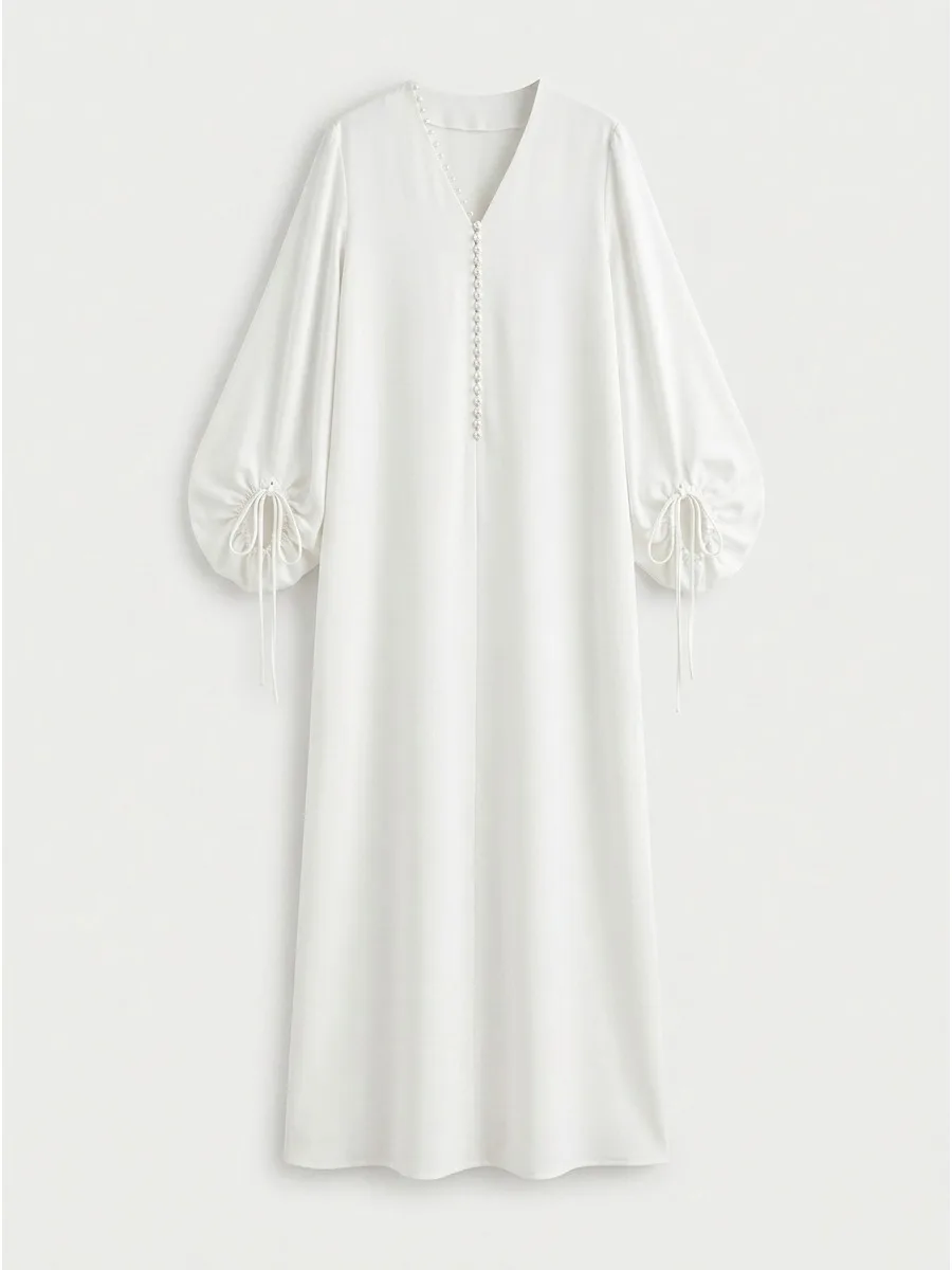 Freeacy Women's White Satin Abaya Maxi Dress V Neck Pearl Beaded Placket Drawstring Puff Sleeve Loose Flowy Modest Kaftan Gown