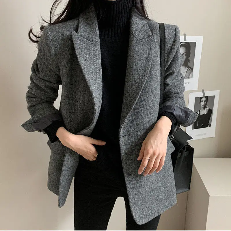

Spring New Sle Retro High-End Feel Lapel Two-Button Loose Long-Sve Slimming Faionable Women's Suit Jaet Top