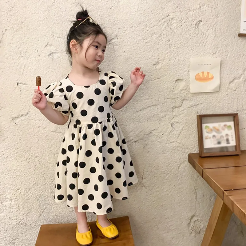 Summer Girls Polka Dot Puffy Skirt Crew Neck Bubble Sleeve Dress Casual Elegant Princess Dress Kids Children Costumes 3-8Y