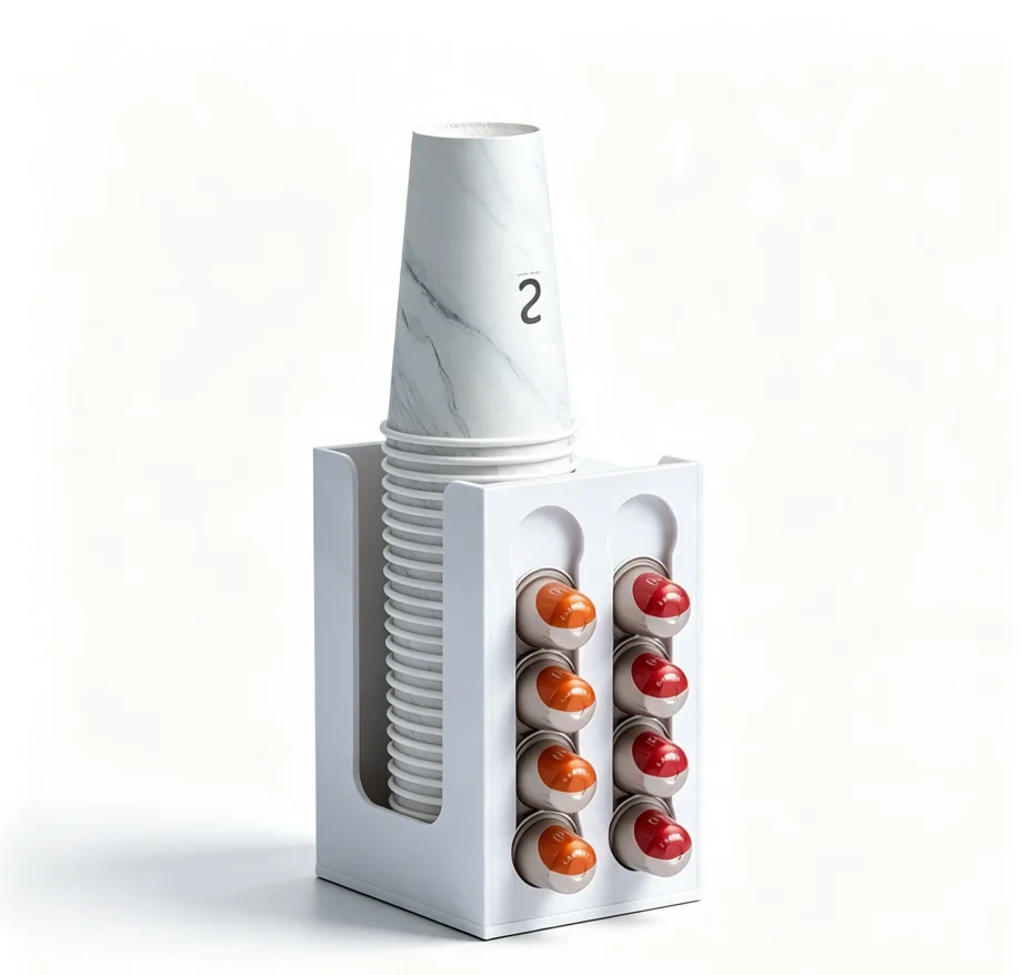 Rotating Coffee Capsule Rack with Bamboo Base, Disposable Cup & Nespresso Pod Storage Holder