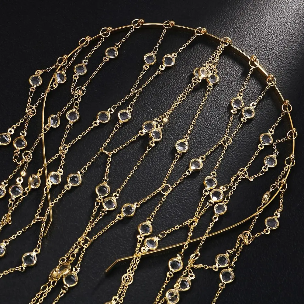 

Mesh Design Head Chain Jewelry Round Rhinestone Long Tassels Fringe Hairband Metal Tassels Bling Design Hair Chain