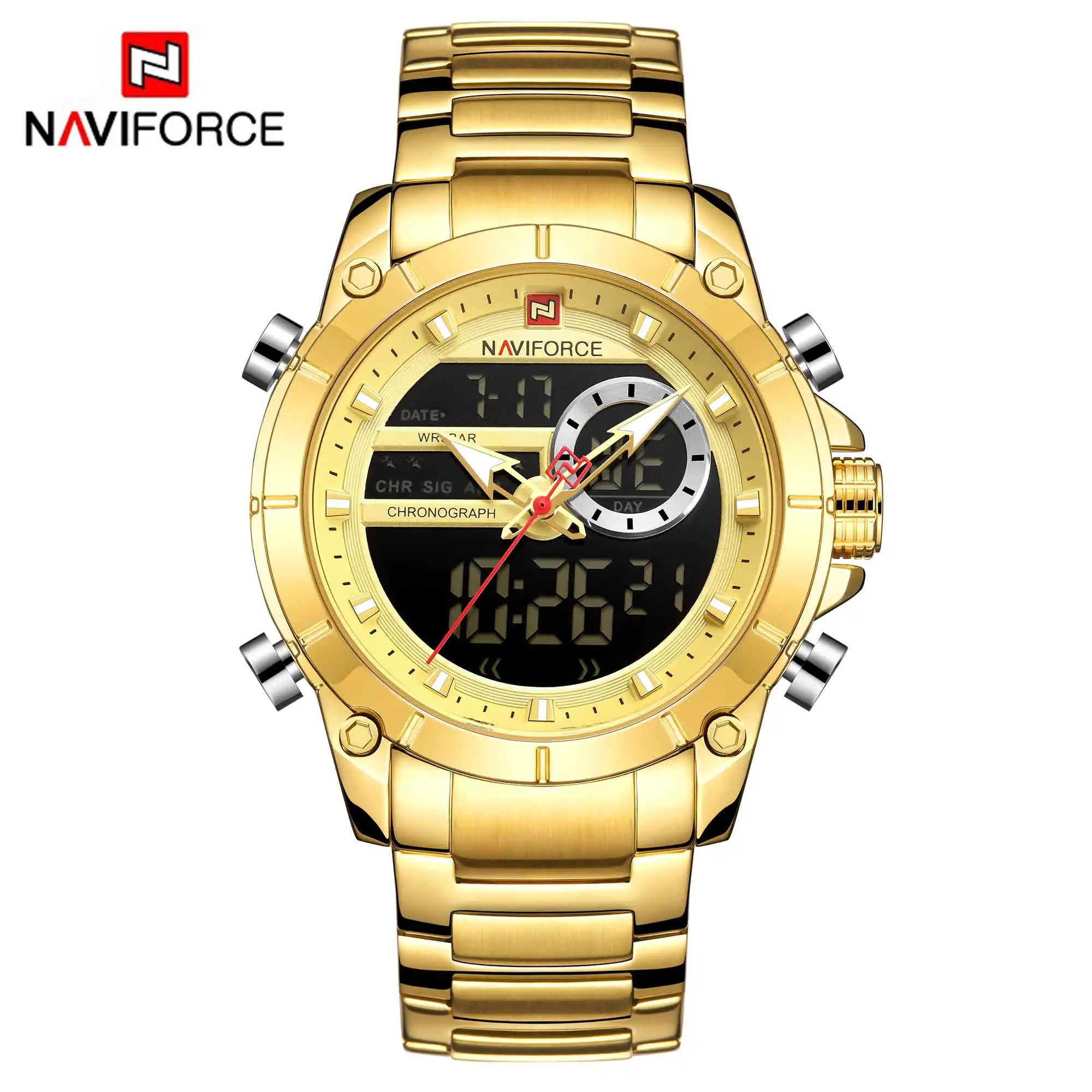 NAVIFORCE 9163 New Watches for Men Luxury Sports Quartz Wrist Watch Male Stainless Steel Waterproof Dual Display Digital Clock