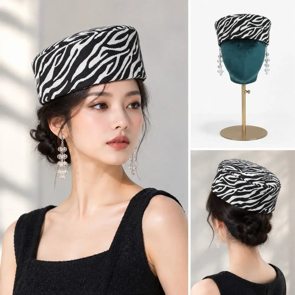 Lightweight Zebra Print Beret Hat Soft Warm Air Hostess Hat Structured Round Top Women Pillbox Hat Party Wedding Travel Formal