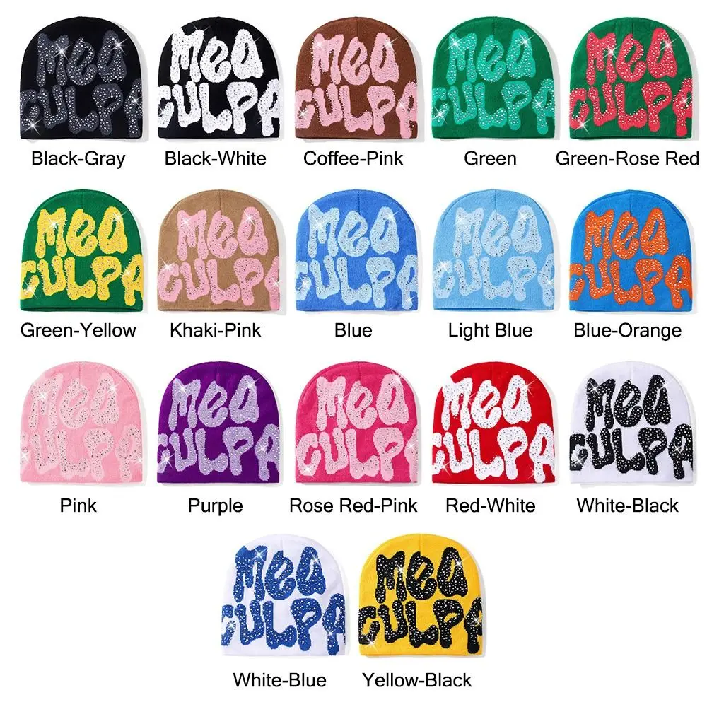 MEA Culpa Beanies Hat with Rhinestone for Women Men, y2k Beanies Hats Hip-hop Soft Stretch Warm Knitted Slouchy Cap