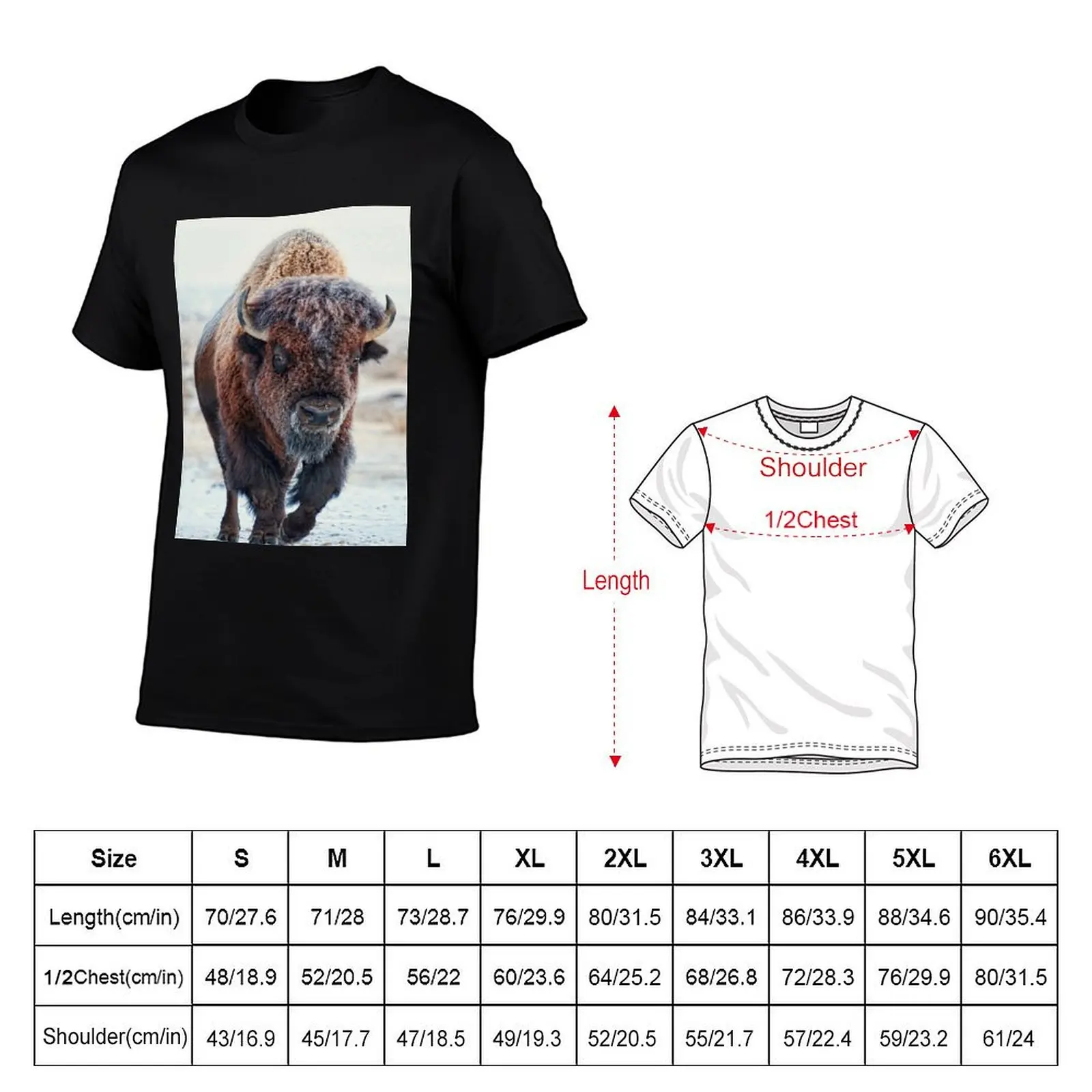 A snow-covered American Bison Roams Yellowstone National Park T-Shirt Plus Size Comfort Fit Tee