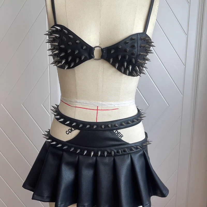 European American Dark American Rivet PU Leather Women's Sling Bra Original Design Sweet Cool Sexy Hollow Out Skirt Set Ladies