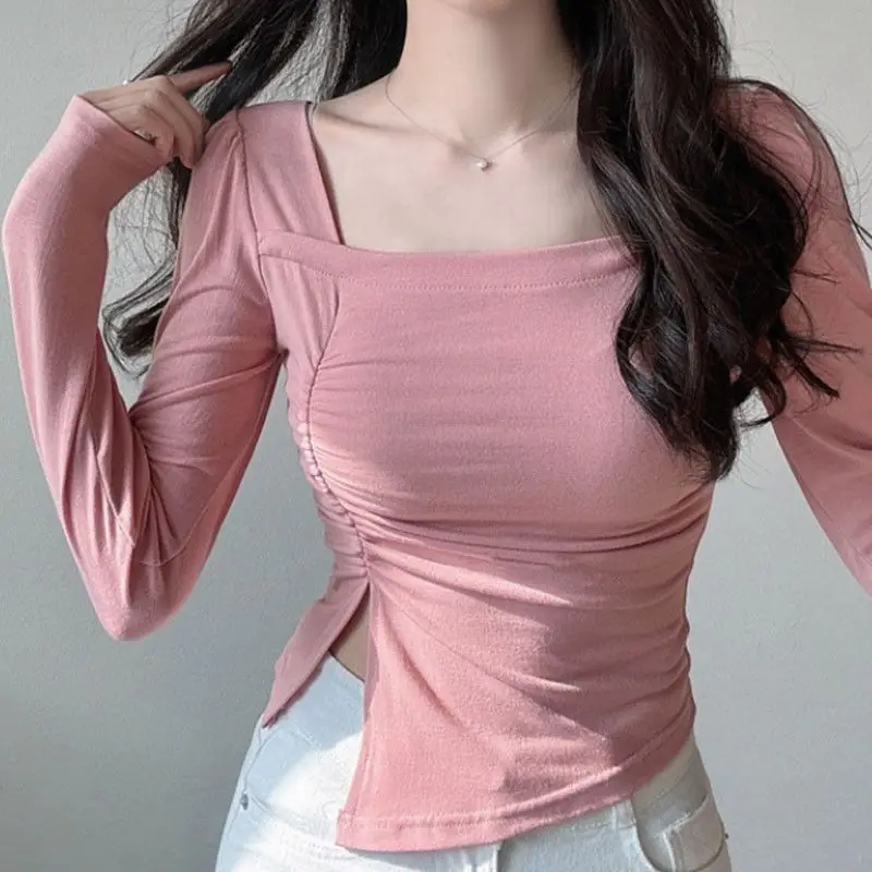 

New Sweet Temperament Pure Desire Square Neck Pleated Slit Top Short Style Chest Revealing Long Sleeved T-shirt for Women Ins