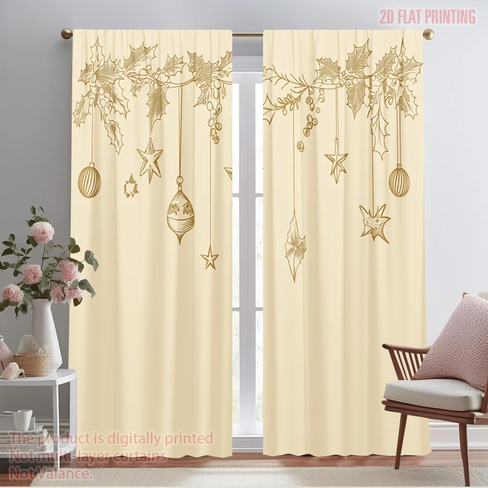 2pcs,2D plane printing Curtains Roller Blinds Christmas Bells Stars Holly_a 100% Polyester (without rod) Decorations For Home