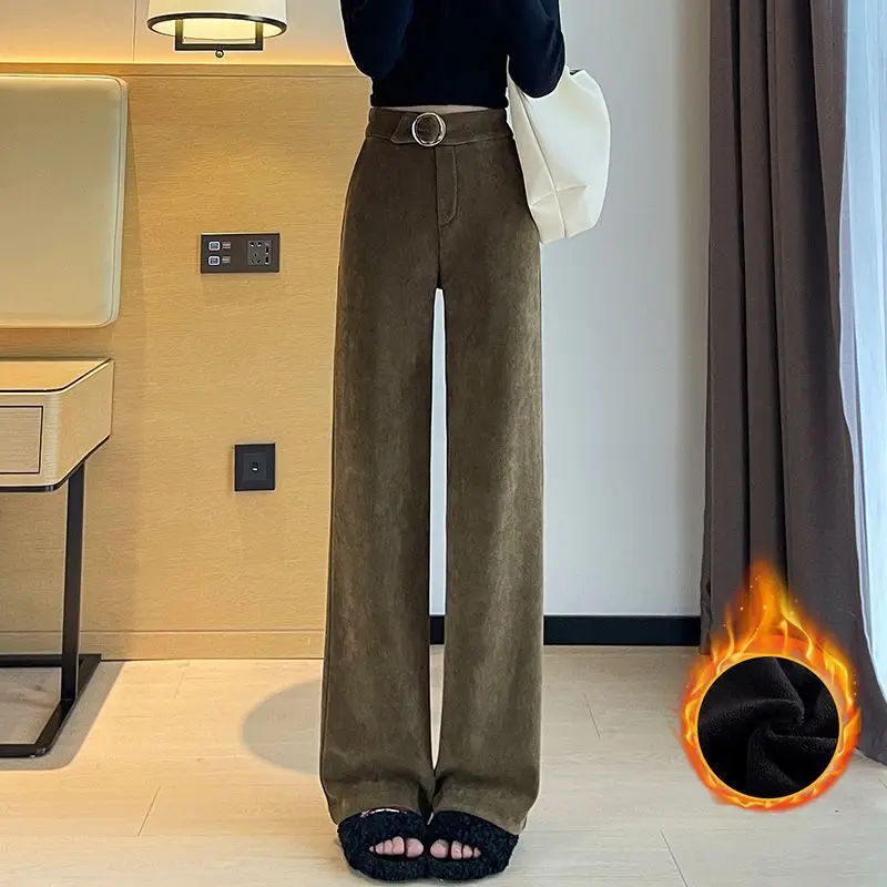 

Women's Solid Color Elastic Waist Wide Leg Autumn and Winter Corduroy 2023 New High Waisted Metallic Casual Thick Straight Pants