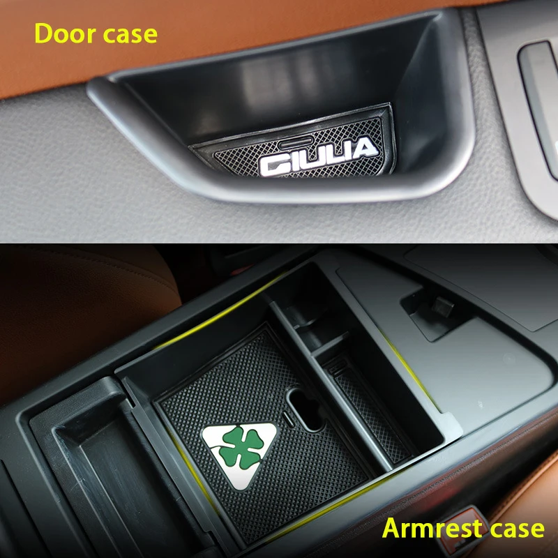 حقيبة تخزين فتحة مقبض الباب، صينية صندوق مسند الذراع لوحدة التحكم المركزية لألفا رومو جوليا، لوازم تخزين السيارة الداخلية #1